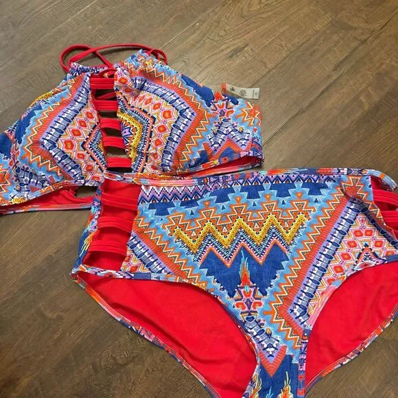 Coral Tropics 3XL High Waist Bikini Two Piece Colorful Tribal Print - Picture 1 of 5